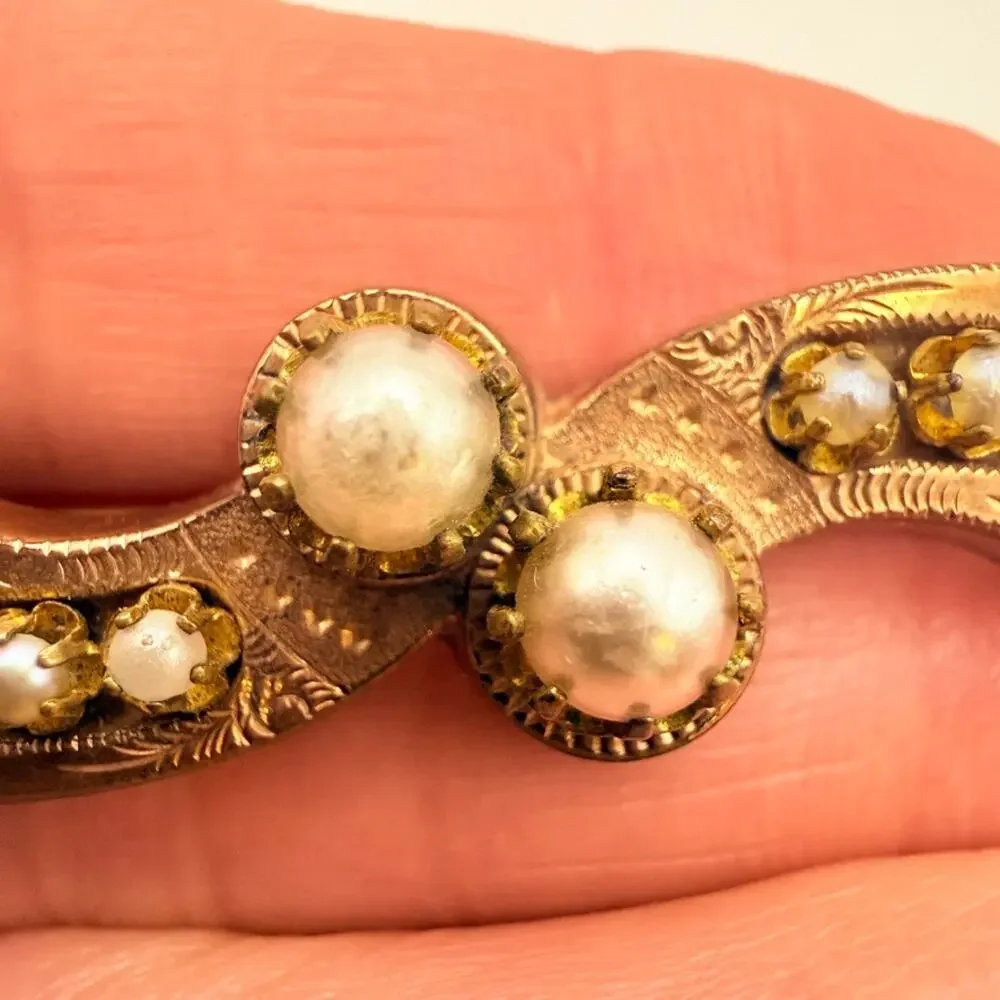 Antique Victorian Rose Gold Filled Seed Pearl Wave Bar Brooch Pin Bow Engraved